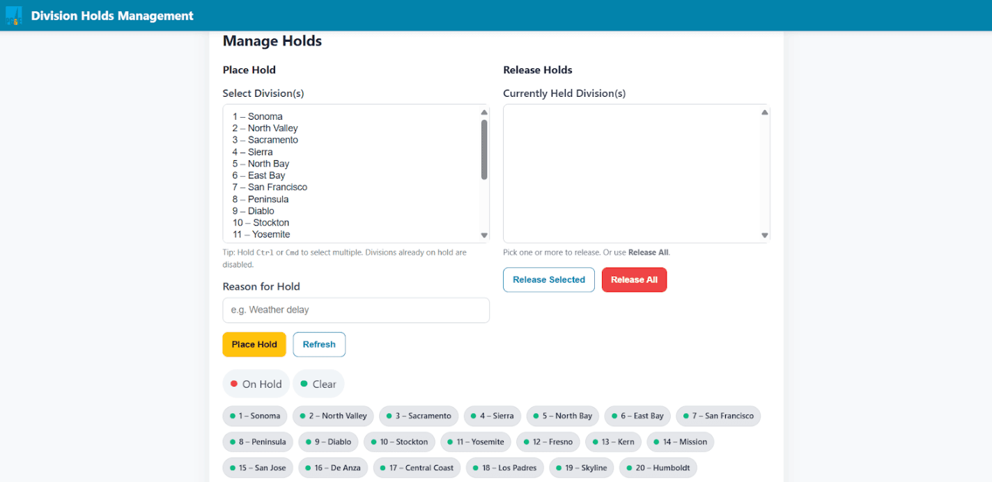 Division Hold Management Tool interface