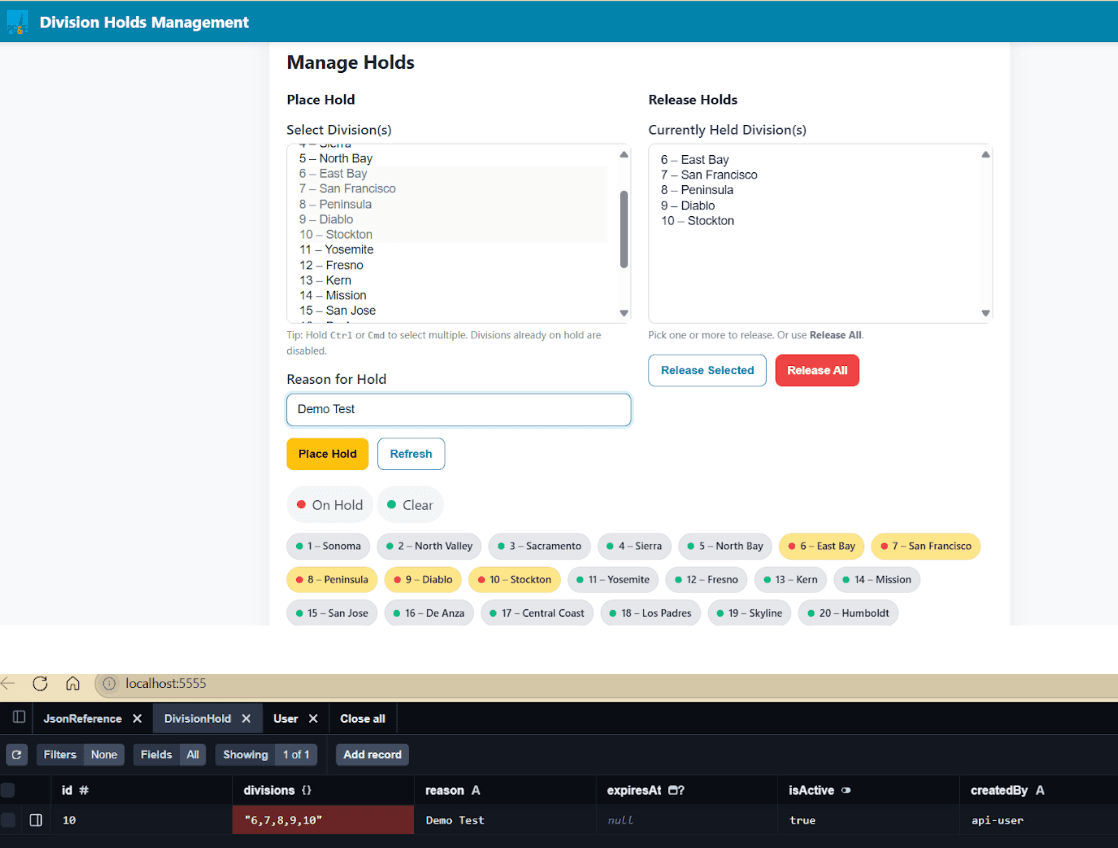 Placing a hold on a division