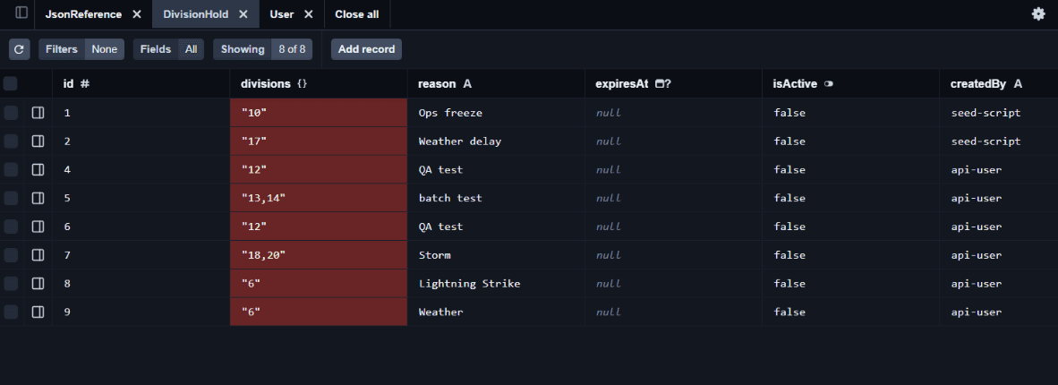 Backend table for division hold records